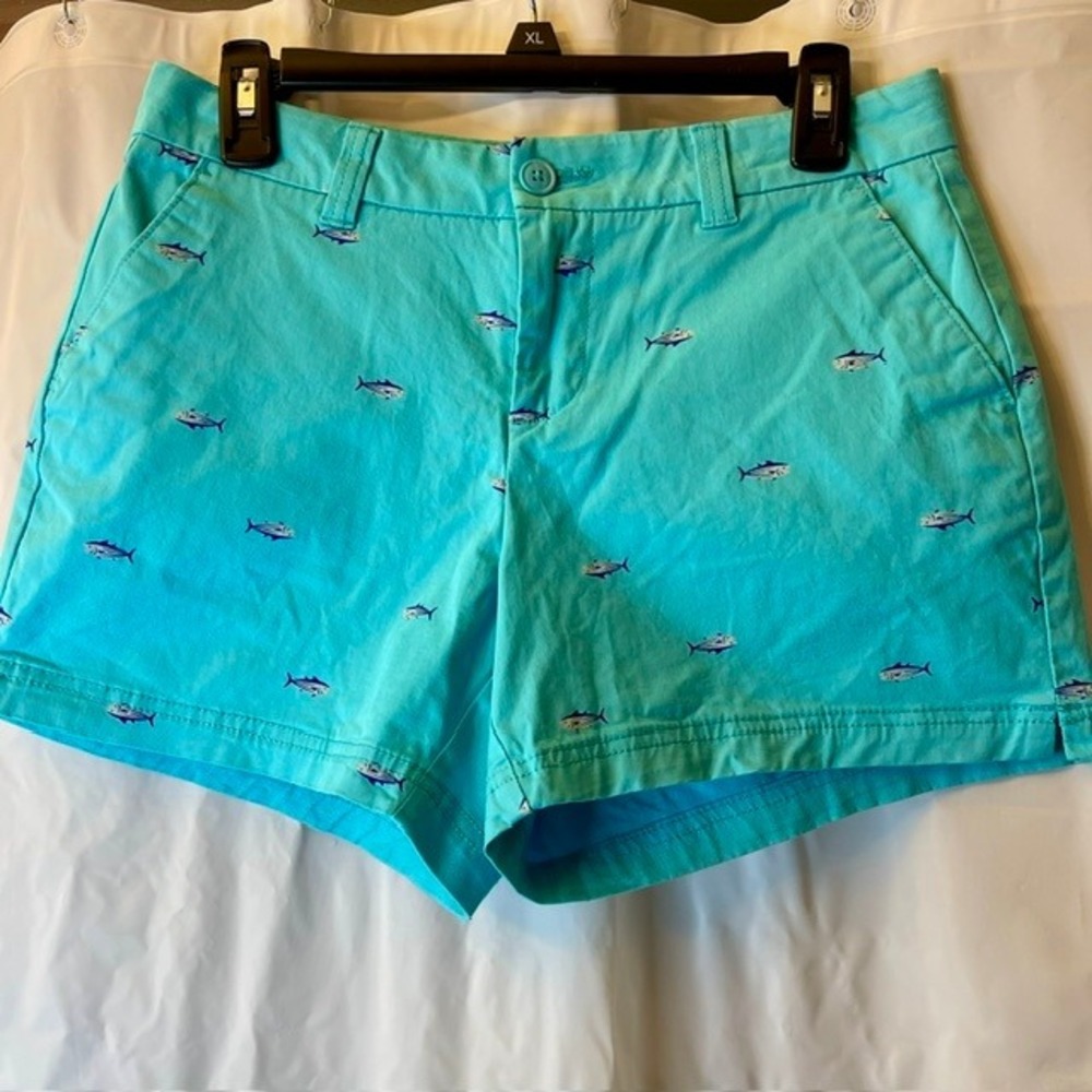 Magellan Outdoors Southern Summer Chino Tuna Fish Print Coastal Teal Shorts Sz 2